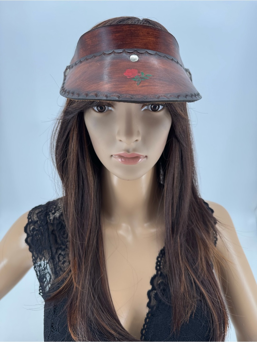 Vintage 70s Boho Hippie Groovy Western Tooled Leather Floral Sun Gambler Visor - Picture 3 of 15